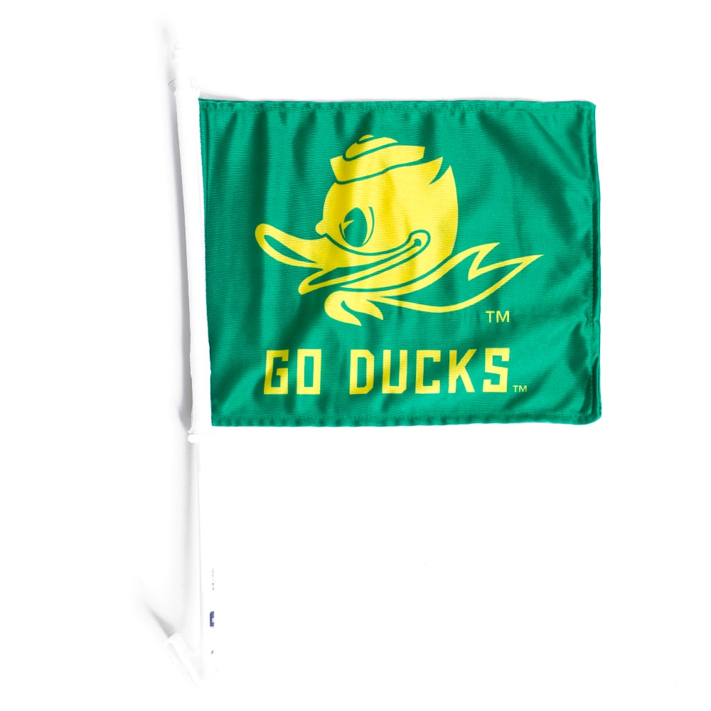 Fighting Duck, Logo Brand, Green, Flags & Banners, Home & Auto, 11"x15", with Pole, Go Ducks, Car Flag, 763078